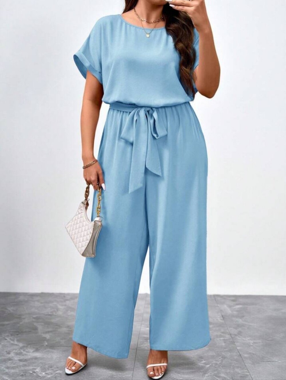 SHEIN Light Blue Wide-Leg Jumpsuit with Waist Tie Sz Med/Large